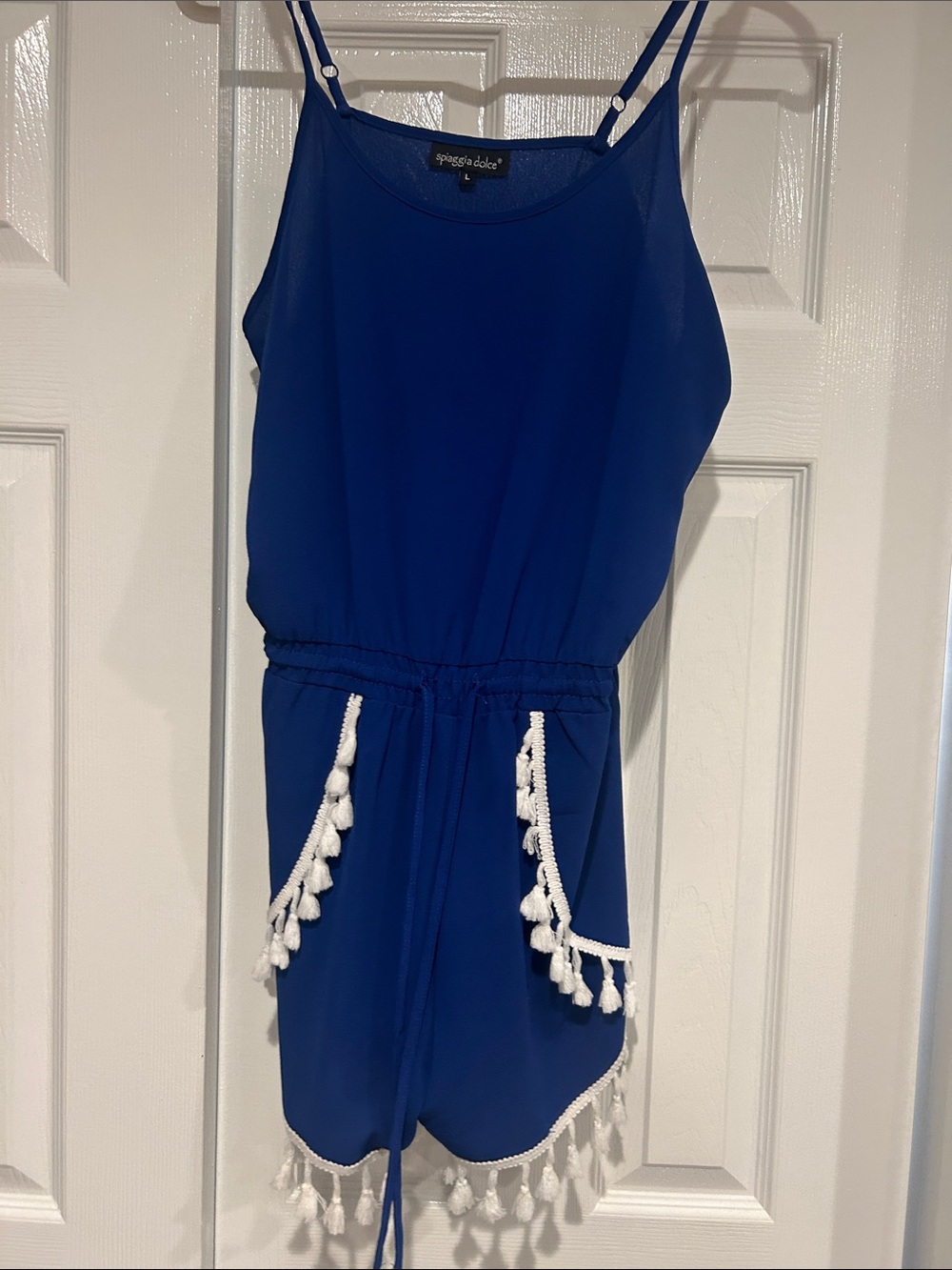 Royal Blue Tassel Romper with White Trim